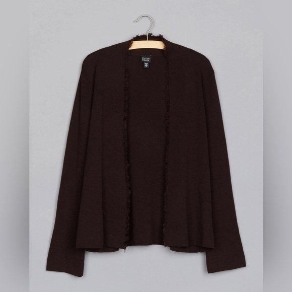 🎆 EILEEN FISHER Dark Brown Wool Fringe Cardigan Sweater small petite chocolate - Picture 1 of 8